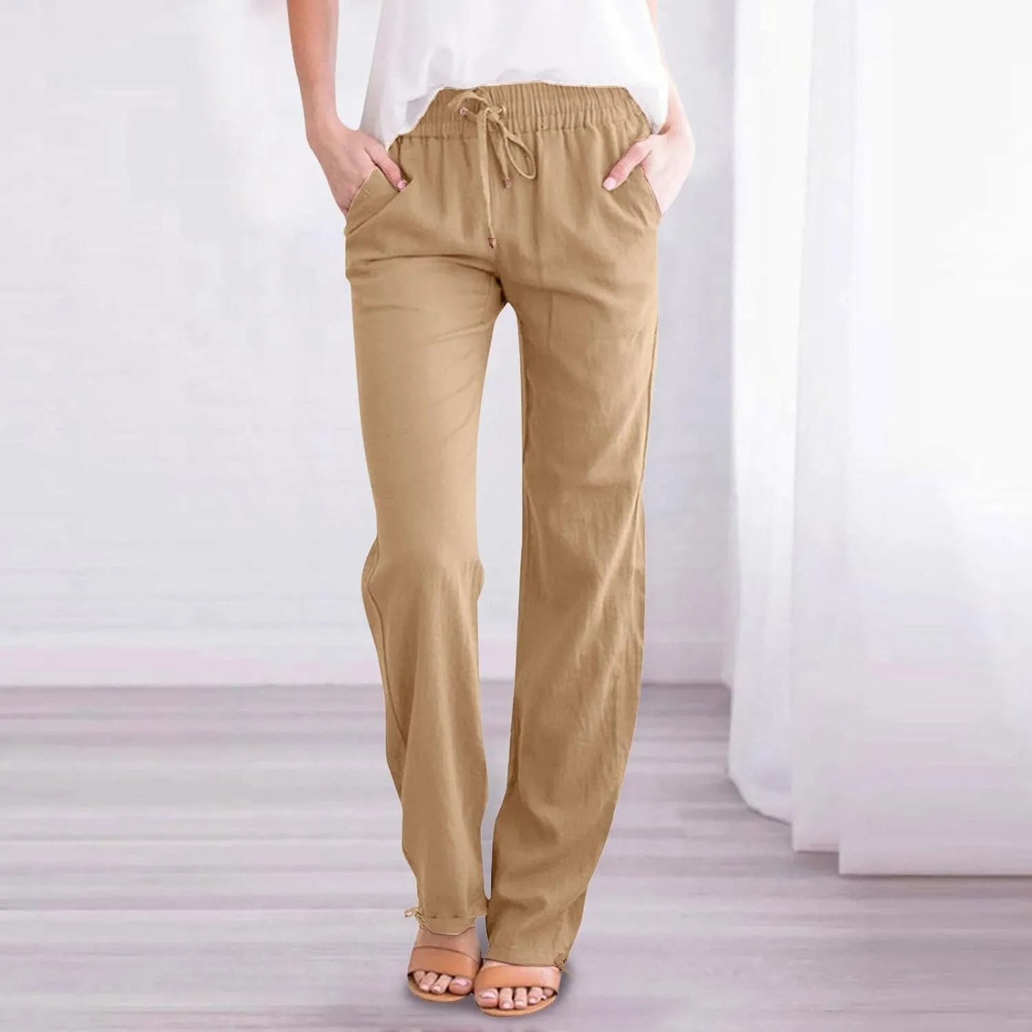 Women's Linen Capri Pants mom Jeans high Waisted Light Weight Pants for Women Summer Travel Linen Pants Wrinkle Free