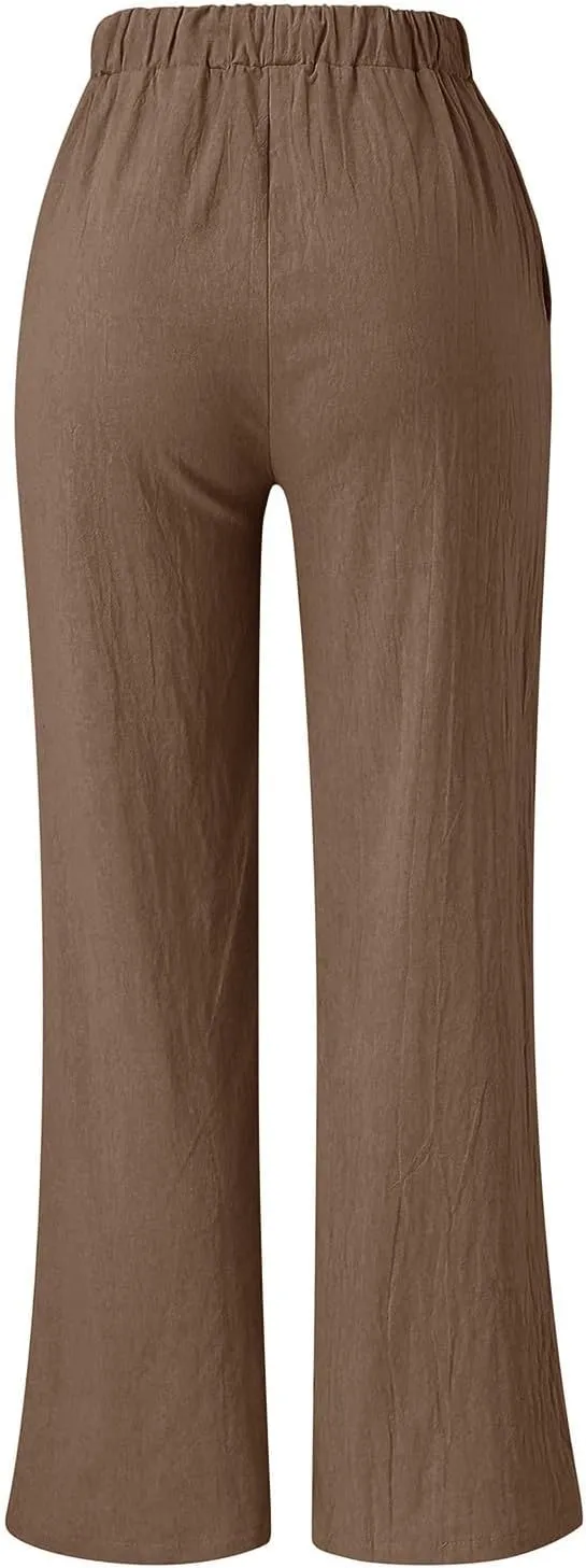 Women's Linen Casual High Waist Wide Leg Straight Dress Cotton Linen Pants Button Trousers
