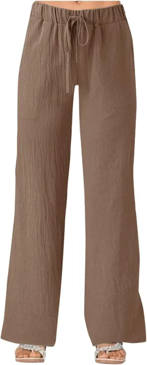 Women's Linen Casual High Waist Wide Leg Straight Dress Cotton Linen Pants Button Trousers