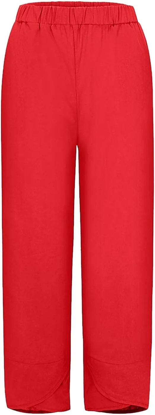 Womens Linen Cotton Pants Summer Elastic High Waist Straight Leg Casual Loose Solid Color Pants Comfy Straight Leg Trousers