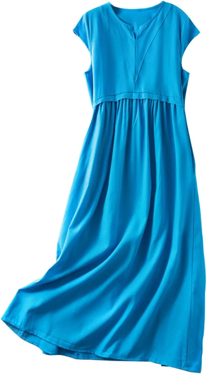 Women's Linen Dresses Vintage Summer Sleeveless Maxi Dresses Casual Comfy Cotton Dress Trendy Summer Vacation Outfits