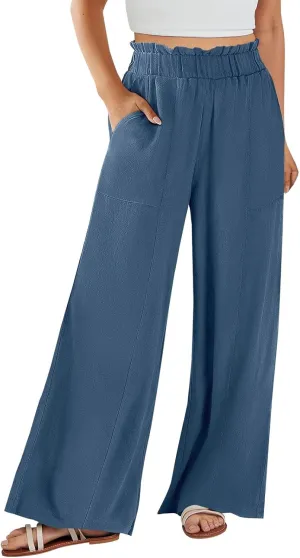 Womens Linen Pants 2025 Summer Casual Loose Wide Leg Palazzo Pants Summer High Waist Flowy Beach Trousers with Pockets