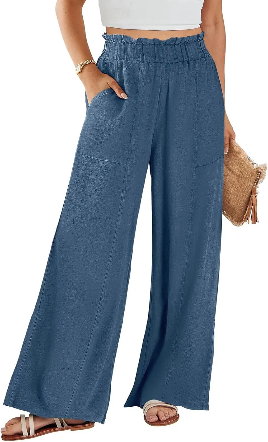 Womens Linen Pants 2025 Summer Casual Loose Wide Leg Palazzo Pants Summer High Waist Flowy Beach Trousers with Pockets