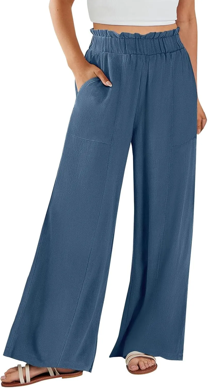 Womens Linen Pants 2025 Summer Casual Loose Wide Leg Palazzo Pants Summer High Waist Flowy Beach Trousers with Pockets