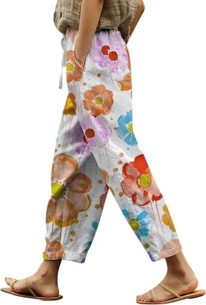 Womens Linen Pants Striped Floral Print High Waisted Straight Leg Beach Trousers Drawstring Elastic Casual Loose Trousers