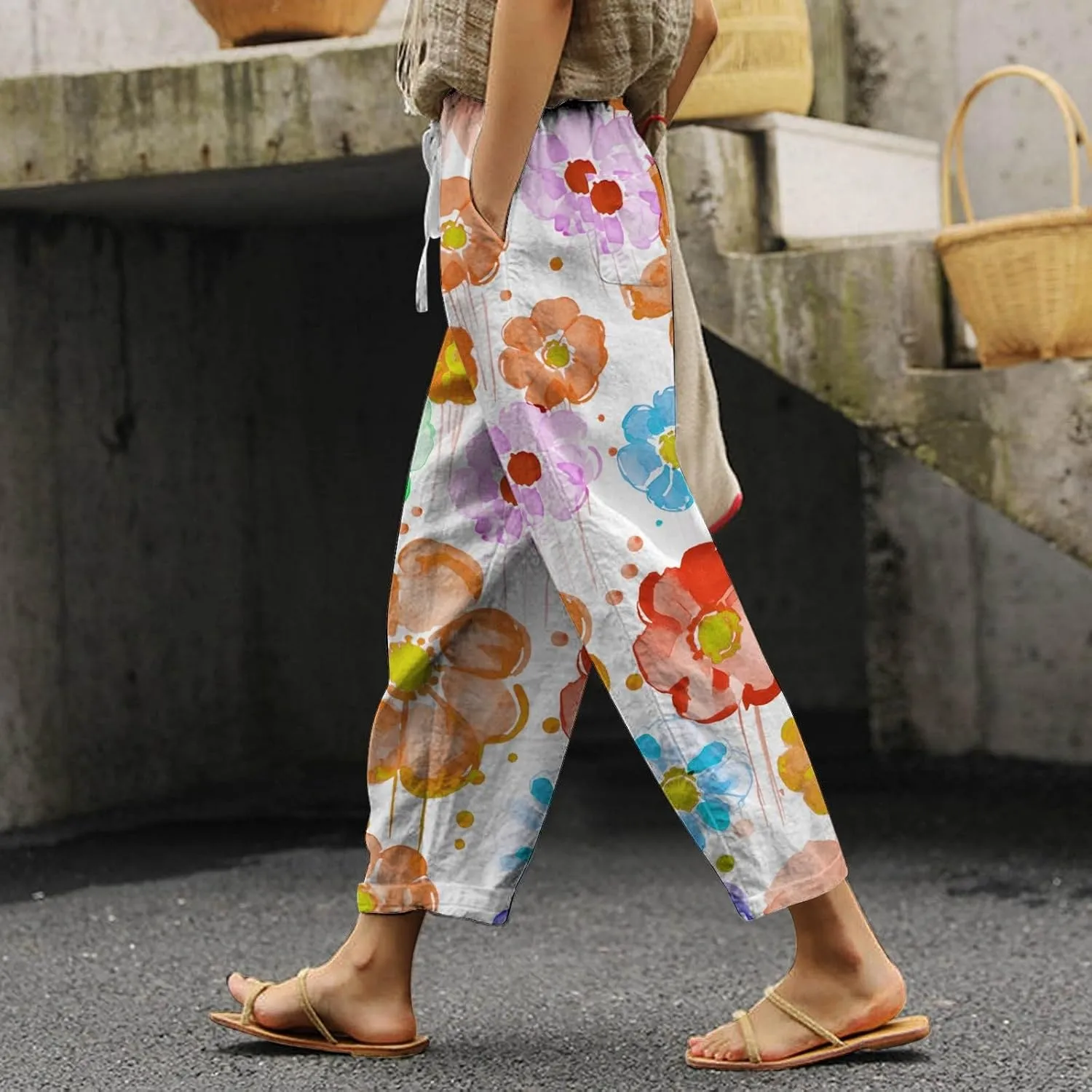 Womens Linen Pants Striped Floral Print High Waisted Straight Leg Beach Trousers Drawstring Elastic Casual Loose Trousers