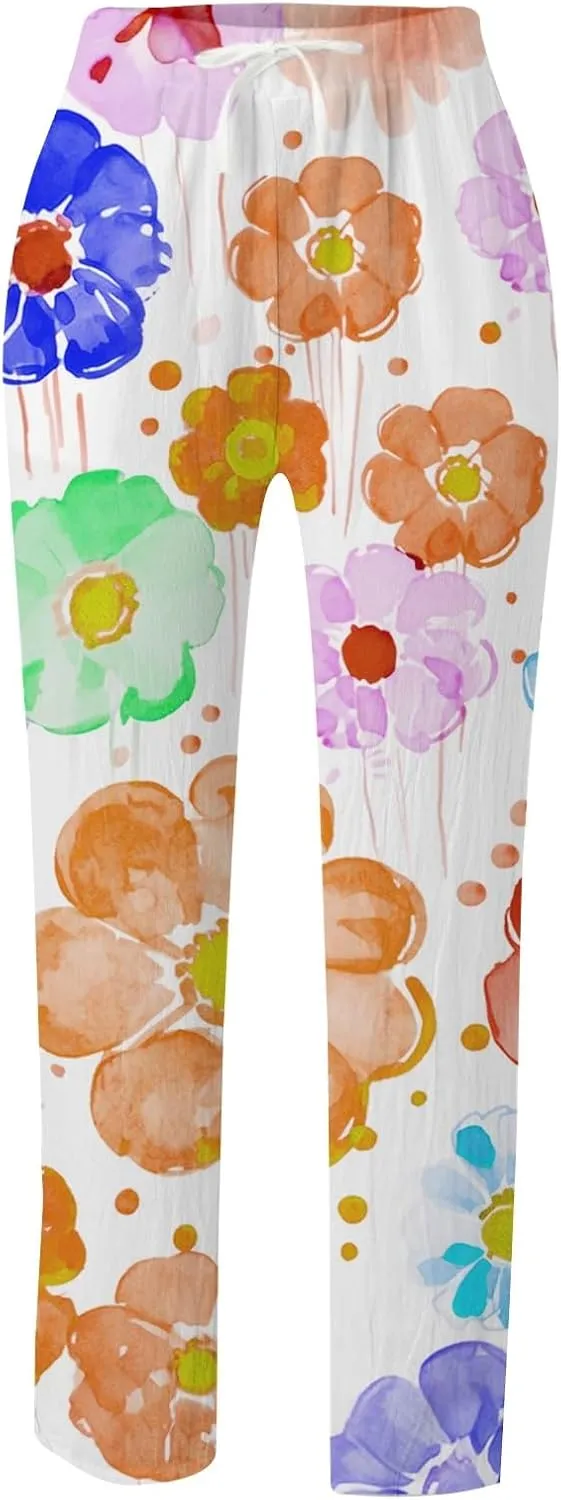 Womens Linen Pants Striped Floral Print High Waisted Straight Leg Beach Trousers Drawstring Elastic Casual Loose Trousers