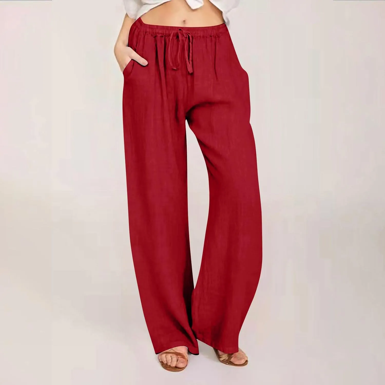 Women's Linen Pants Summer, Wide Leg, High Waisted, Drawstring, Beach Trousers, Blue, Size 0-22