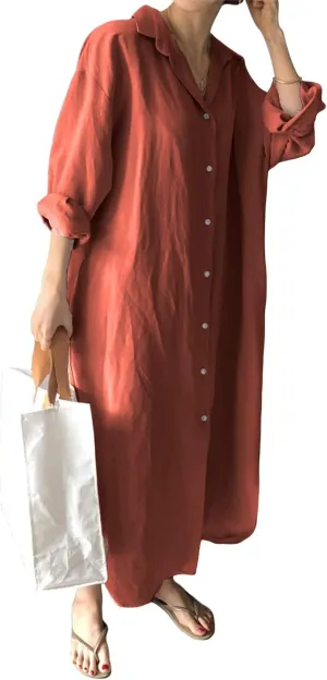 Womens Linen Shirt Dress Summer Lapel Button Down Long Sleeve Midi Dresses Lightweight Breathable Split Hem Sundress