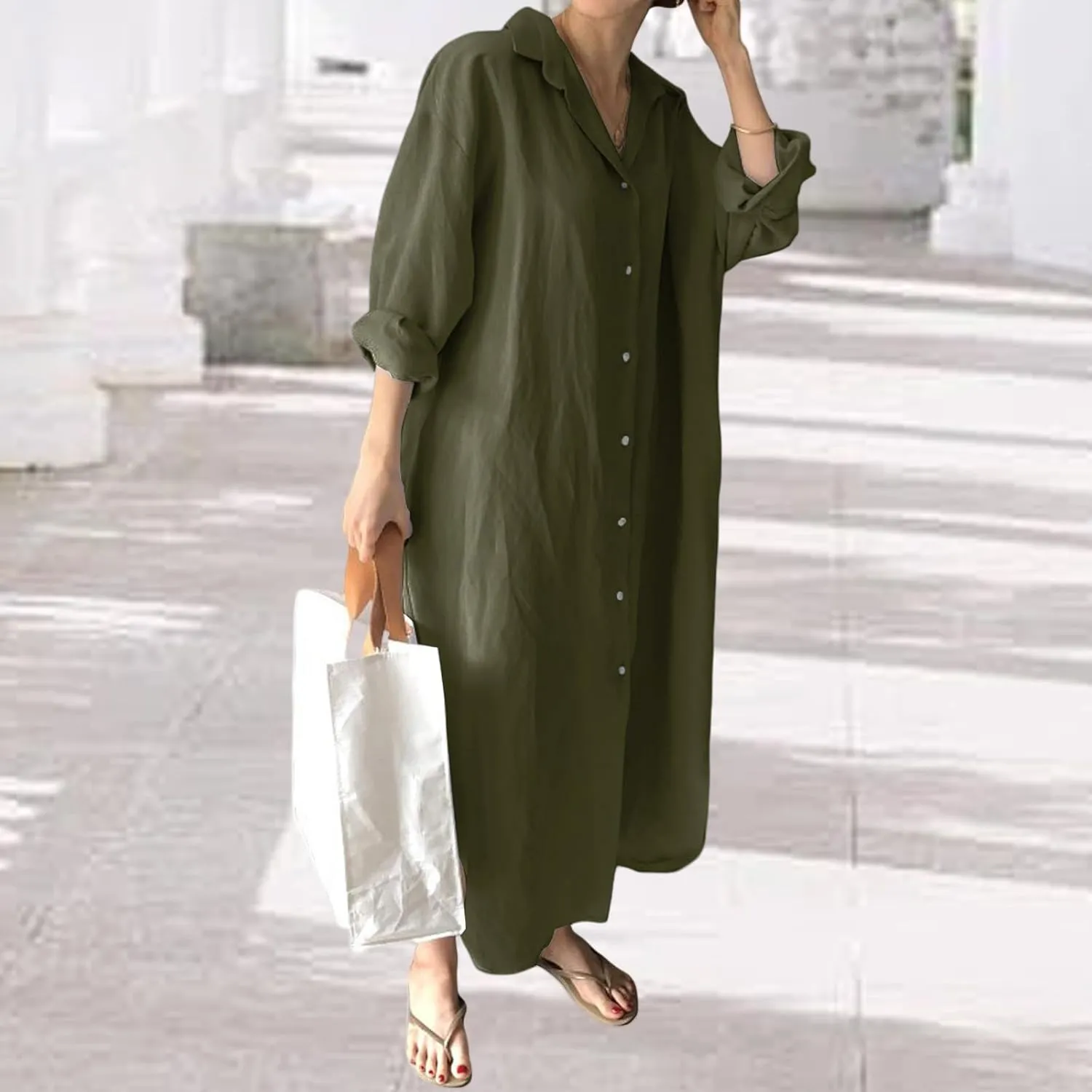 Womens Linen Shirt Dress Summer Lapel Button Down Long Sleeve Midi Dresses Lightweight Breathable Split Hem Sundress