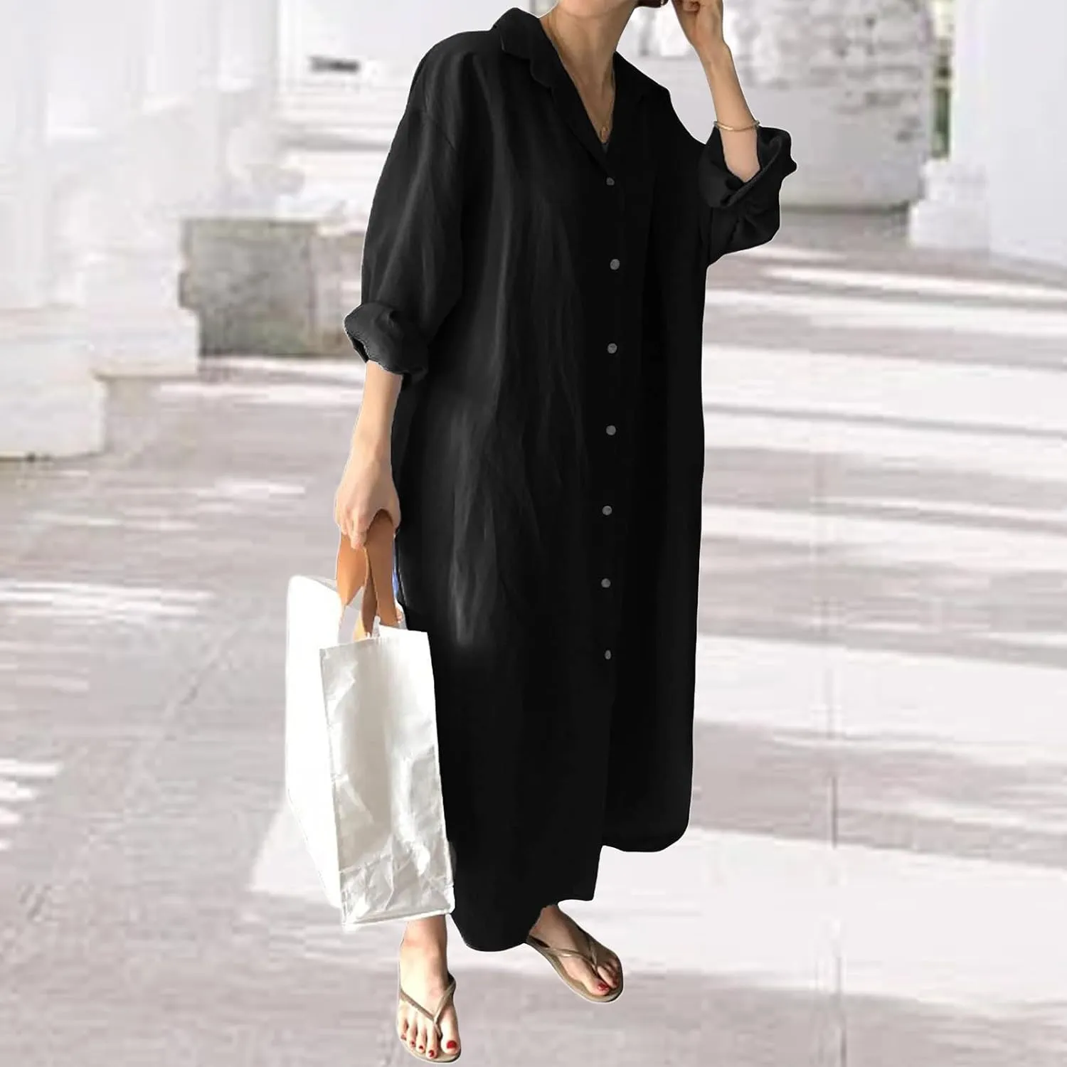 Womens Linen Shirt Dress Summer Lapel Button Down Long Sleeve Midi Dresses Lightweight Breathable Split Hem Sundress