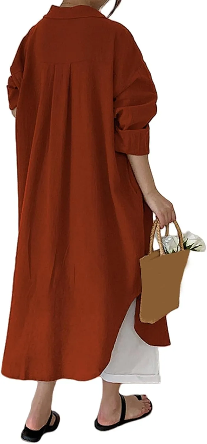 Womens Linen Shirt Dress Summer Lapel Button Down Long Sleeve Midi Dresses Lightweight Breathable Split Hem Sundress