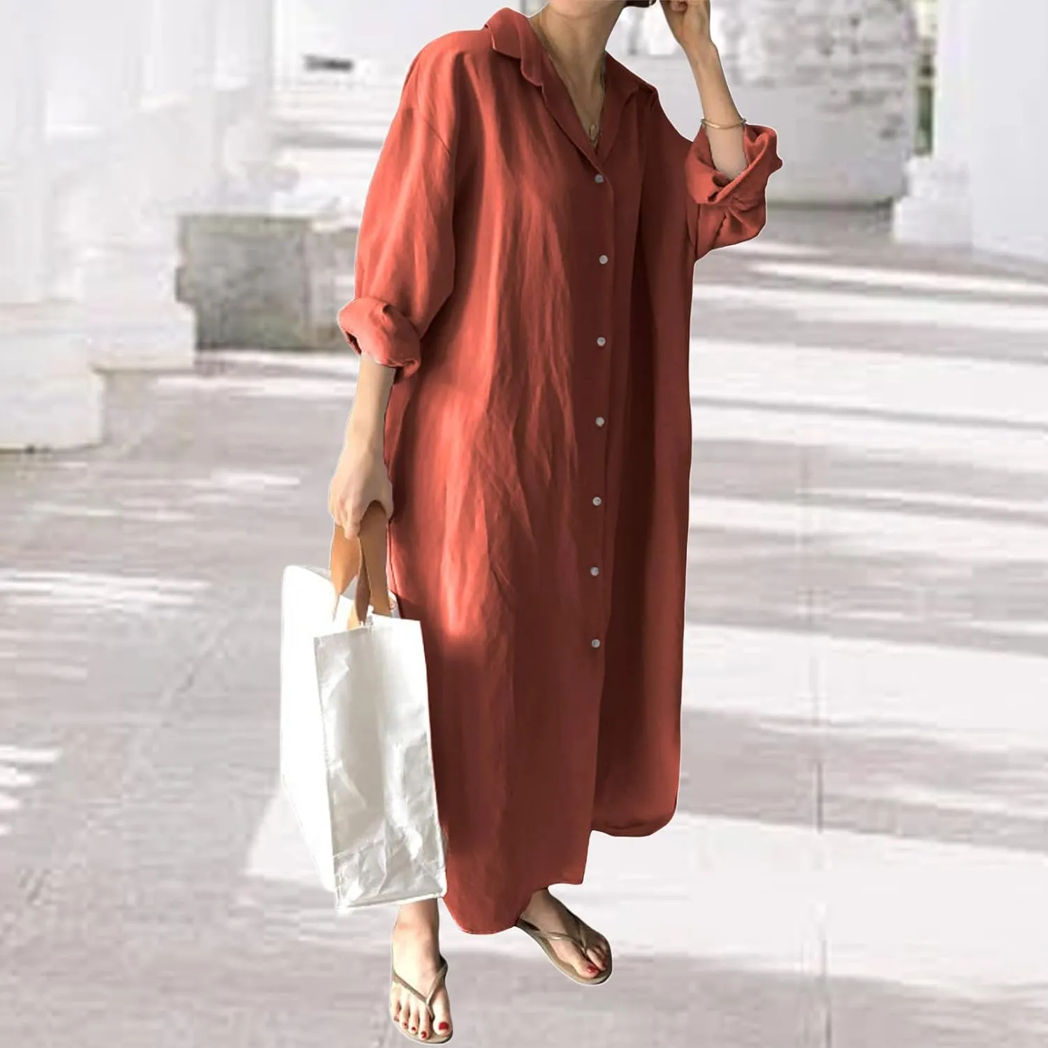 Womens Linen Shirt Dress Summer Lapel Button Down Long Sleeve Midi Dresses Lightweight Breathable Split Hem Sundress