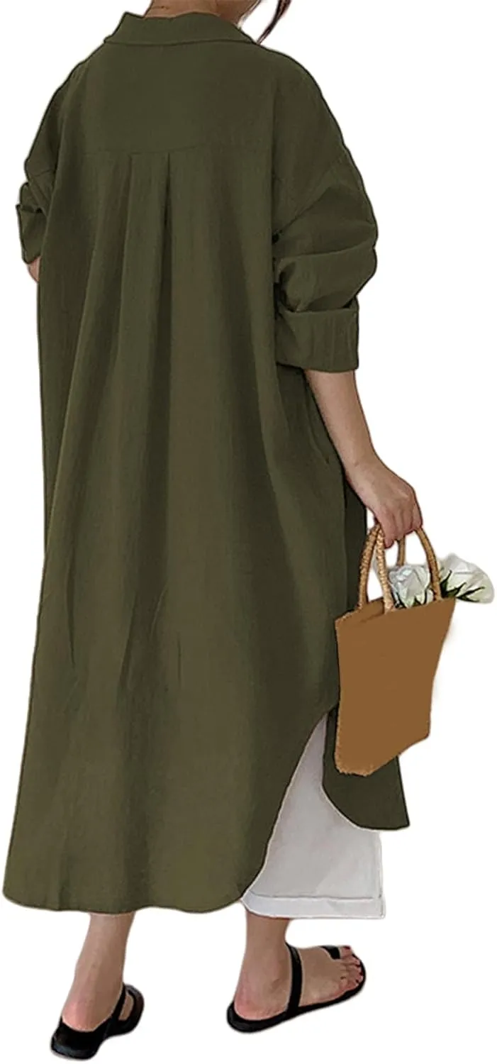 Womens Linen Shirt Dress Summer Lapel Button Down Long Sleeve Midi Dresses Lightweight Breathable Split Hem Sundress