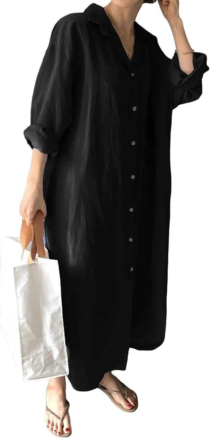 Womens Linen Shirt Dress Summer Lapel Button Down Long Sleeve Midi Dresses Lightweight Breathable Split Hem Sundress