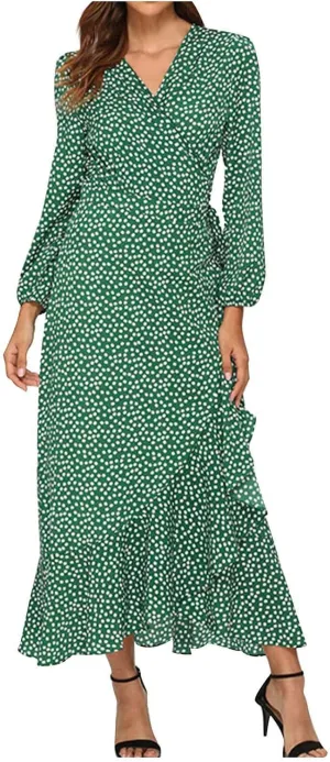 Womens Long Sleeve Dresses Floral Dresses for Women Turtle Neck Chiffon Beach Hawaiian Cardigan Maxi Long Dresses