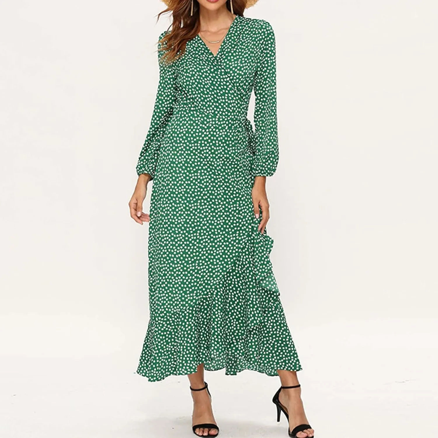 Womens Long Sleeve Dresses Floral Dresses for Women Turtle Neck Chiffon Beach Hawaiian Cardigan Maxi Long Dresses