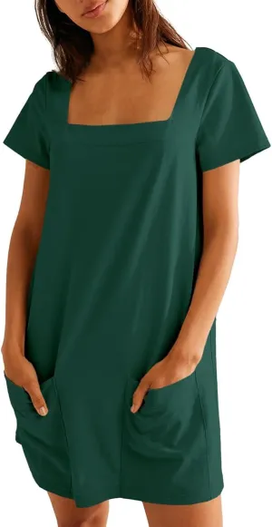 Womens Mini Dress Summer Square Neck Short Sleeve Shift Tshirt Dress Casual Cute Beach Vacation Dress with Pockets