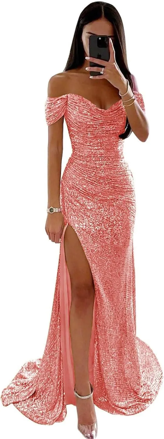 Women's Off Shoulder Sequin Prom Dresses Mermaid Long Pleated Sparkly Formal Evening Gowns with Slit
