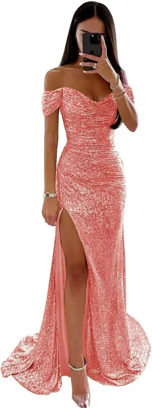 Women's Off Shoulder Sequin Prom Dresses Mermaid Long Pleated Sparkly Formal Evening Gowns with Slit