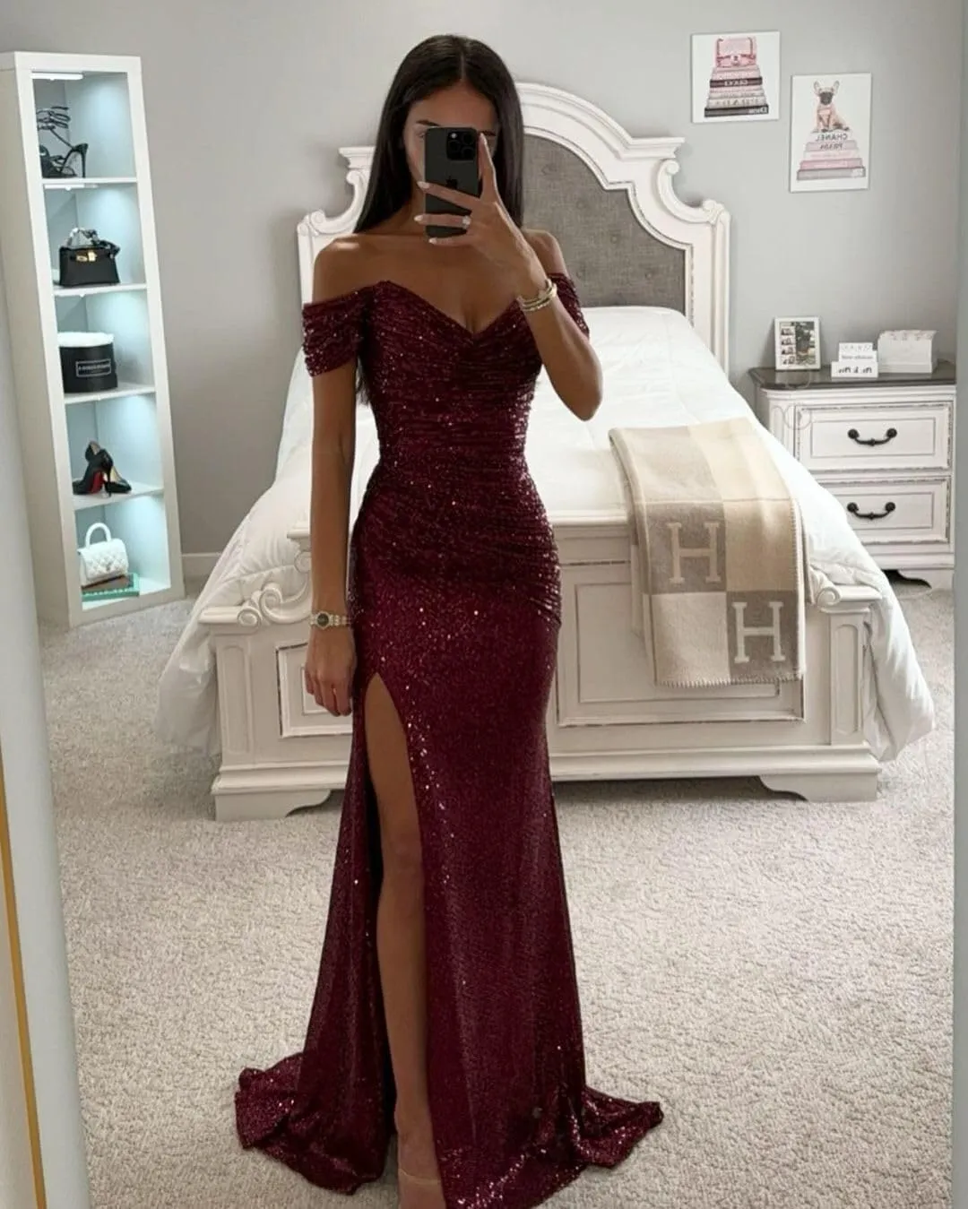 Women's Off Shoulder Sequin Prom Dresses Mermaid Long Pleated Sparkly Formal Evening Gowns with Slit