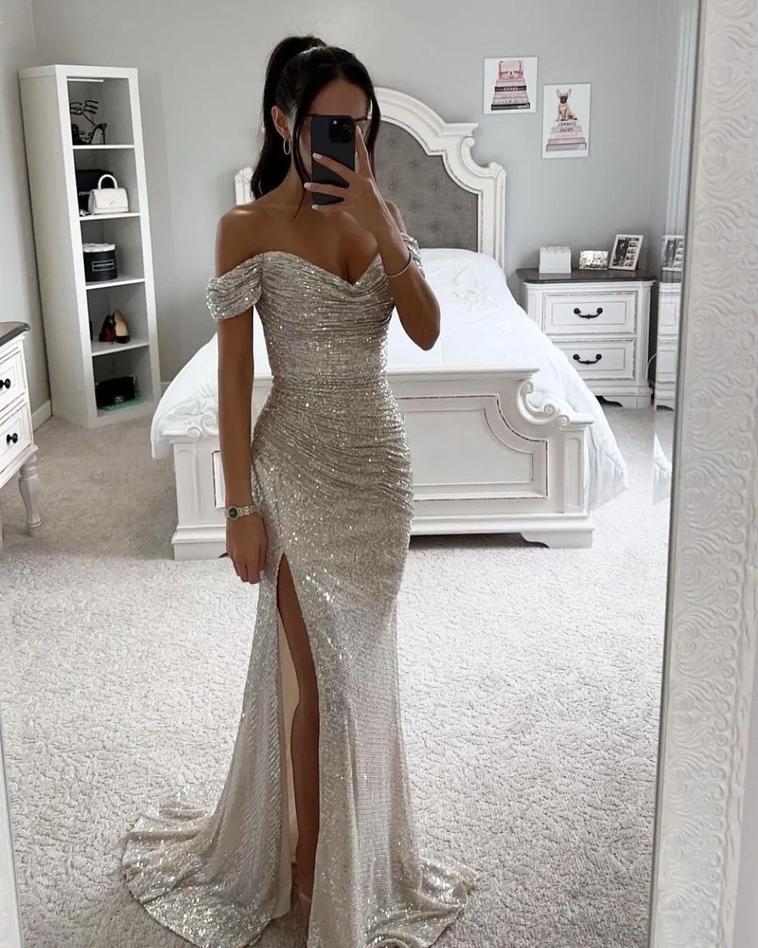 Women's Off Shoulder Sequin Prom Dresses Mermaid Long Pleated Sparkly Formal Evening Gowns with Slit