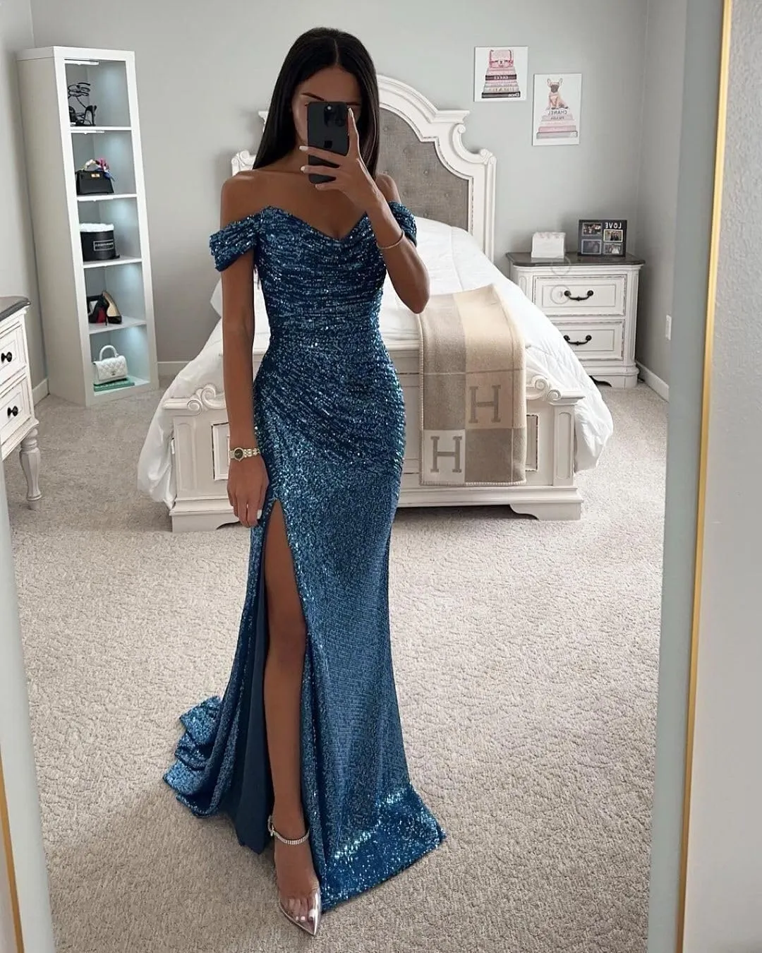 Women's Off Shoulder Sequin Prom Dresses Mermaid Long Pleated Sparkly Formal Evening Gowns with Slit