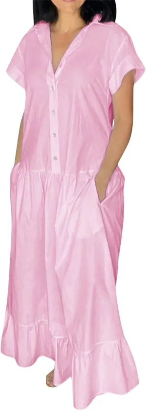 Women's Oversized Cotton Linen Shirt Dress Summer Fashion Button Down Short Sleeve Ruffle Trim Loose Dress