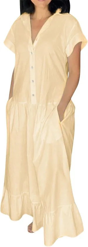 Women's Oversized Cotton Linen Shirt Dress Summer Fashion Button Down Short Sleeve Ruffle Trim Loose Dress