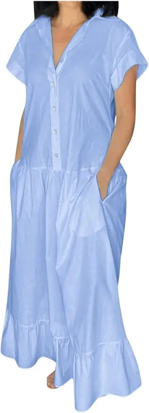 Women's Oversized Cotton Linen Shirt Dress Summer Fashion Button Down Short Sleeve Ruffle Trim Loose Dress