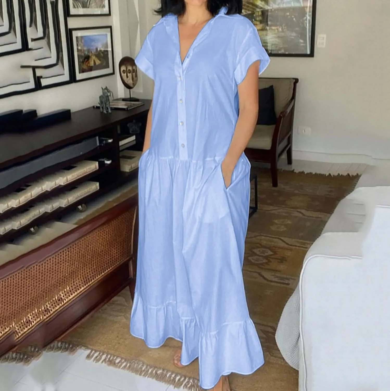 Women's Oversized Cotton Linen Shirt Dress Summer Fashion Button Down Short Sleeve Ruffle Trim Loose Dress