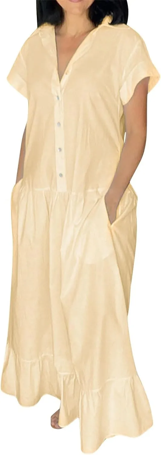 Women's Oversized Cotton Linen Shirt Dress Summer Fashion Button Down Short Sleeve Ruffle Trim Loose Dress