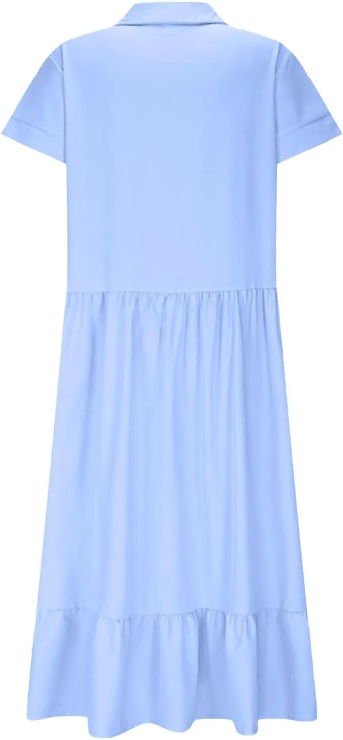 Women's Oversized Cotton Linen Shirt Dress Summer Fashion Button Down Short Sleeve Ruffle Trim Loose Dress