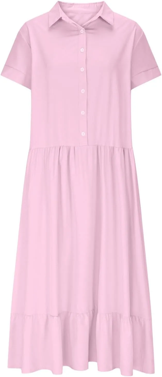 Women's Oversized Cotton Linen Shirt Dress Summer Fashion Button Down Short Sleeve Ruffle Trim Loose Dress