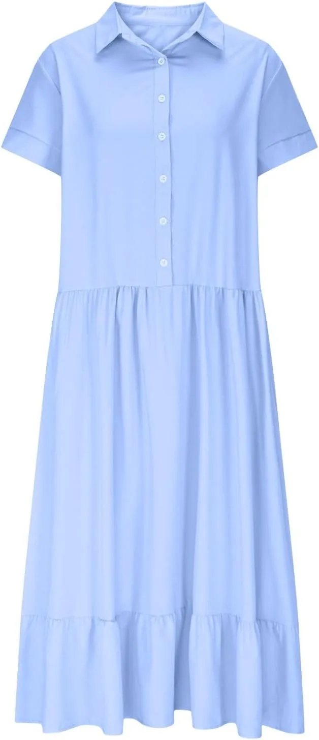 Women's Oversized Cotton Linen Shirt Dress Summer Fashion Button Down Short Sleeve Ruffle Trim Loose Dress