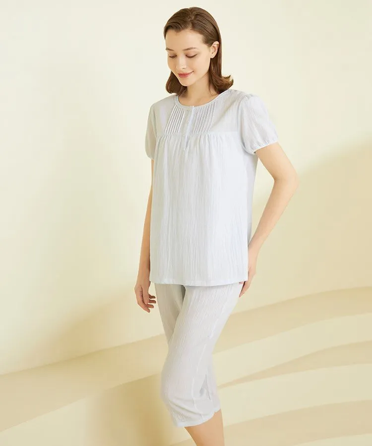 Women's Pure Cotton Lace Short Sleeved Woven Homewear Sleepwear Set