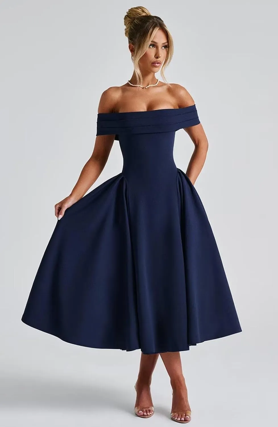 Women's Satin Off Shoulder Cocktail Dress Swing A Line Evening Party Midi Dress