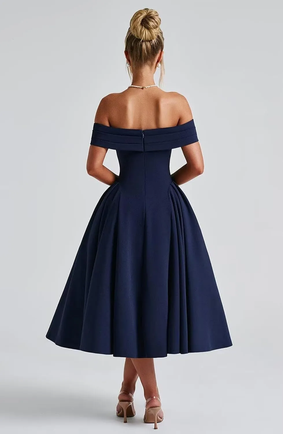 Women's Satin Off Shoulder Cocktail Dress Swing A Line Evening Party Midi Dress