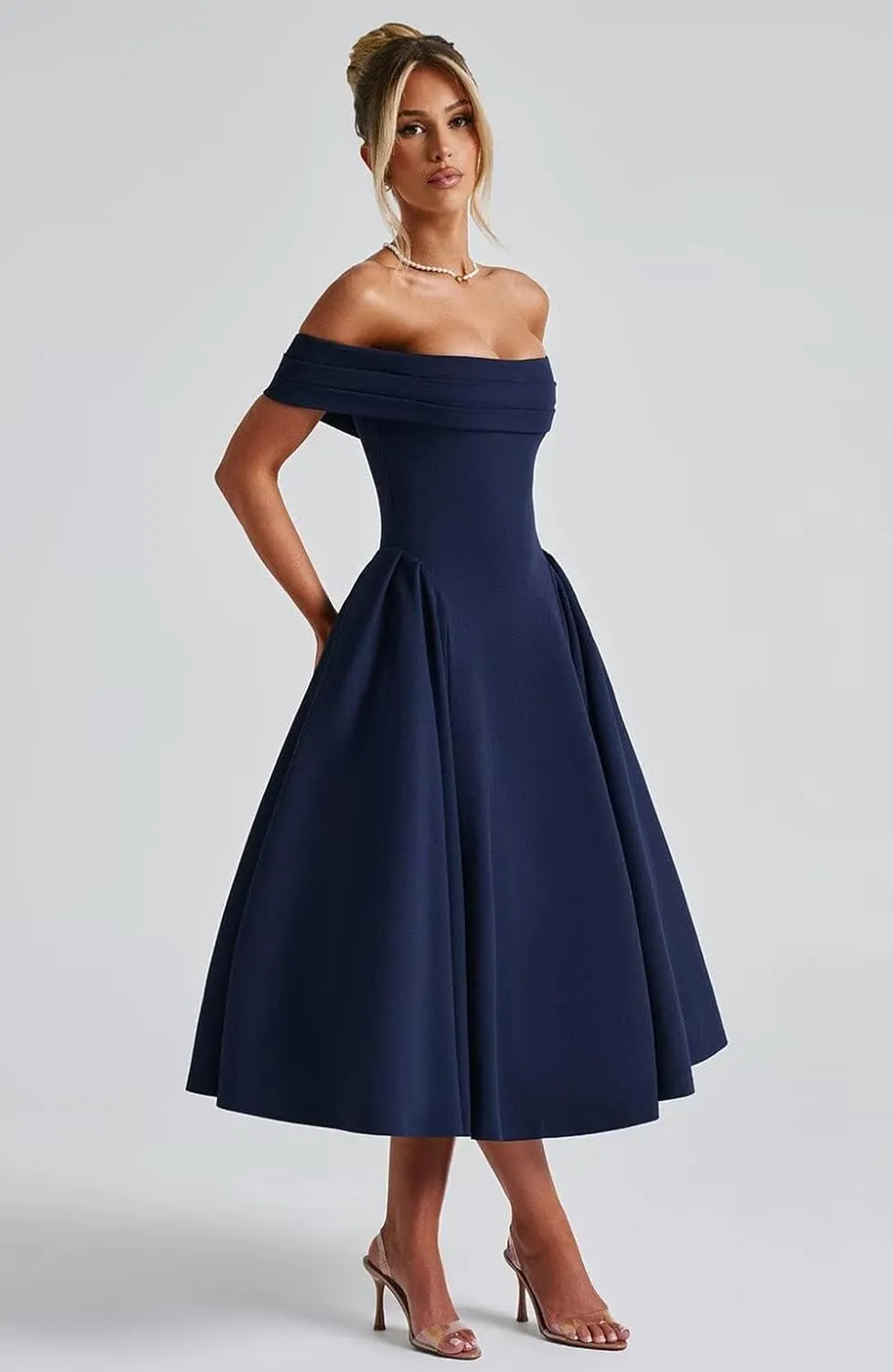 Women's Satin Off Shoulder Cocktail Dress Swing A Line Evening Party Midi Dress