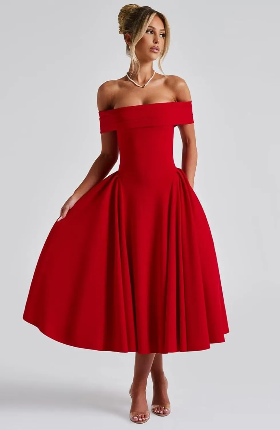 Women's Satin Off Shoulder Cocktail Dress Swing A Line Evening Party Midi Dress