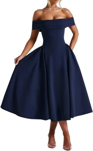 Women's Satin Off Shoulder Cocktail Dress Swing A Line Evening Party Midi Dress