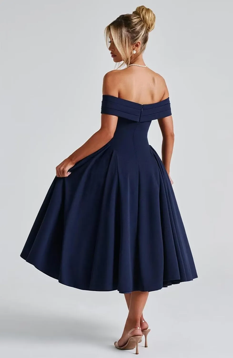 Women's Satin Off Shoulder Cocktail Dress Swing A Line Evening Party Midi Dress
