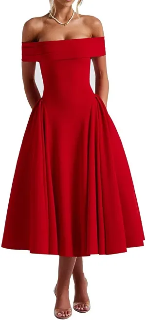 Women's Satin Off Shoulder Cocktail Dress Swing A Line Evening Party Midi Dress