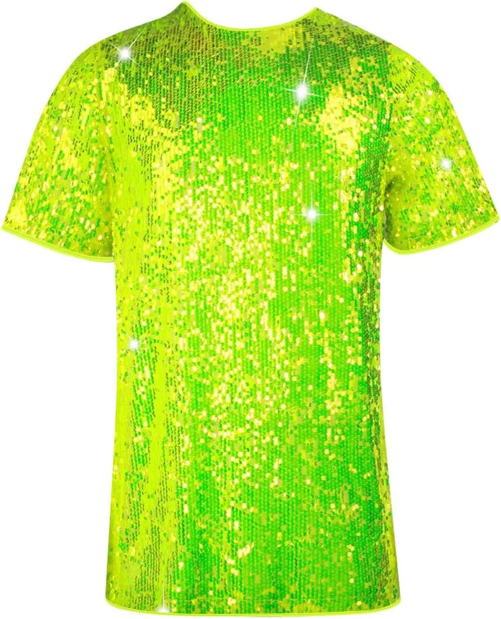 Womens Sequin Dress Short Sleeve Crewneck Party Dress Sparkly Club Dress Loose Fit Short Shift Dress