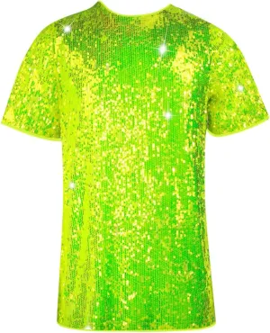 Womens Sequin Dress Short Sleeve Crewneck Party Dress Sparkly Club Dress Loose Fit Short Shift Dress