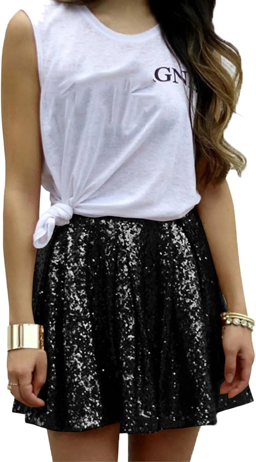 Womens Sequin Skirts Sparkly Knee Length Solid Color Flowy High Waist Sequin Bodycon Sparkly Skirt for Short Skirts