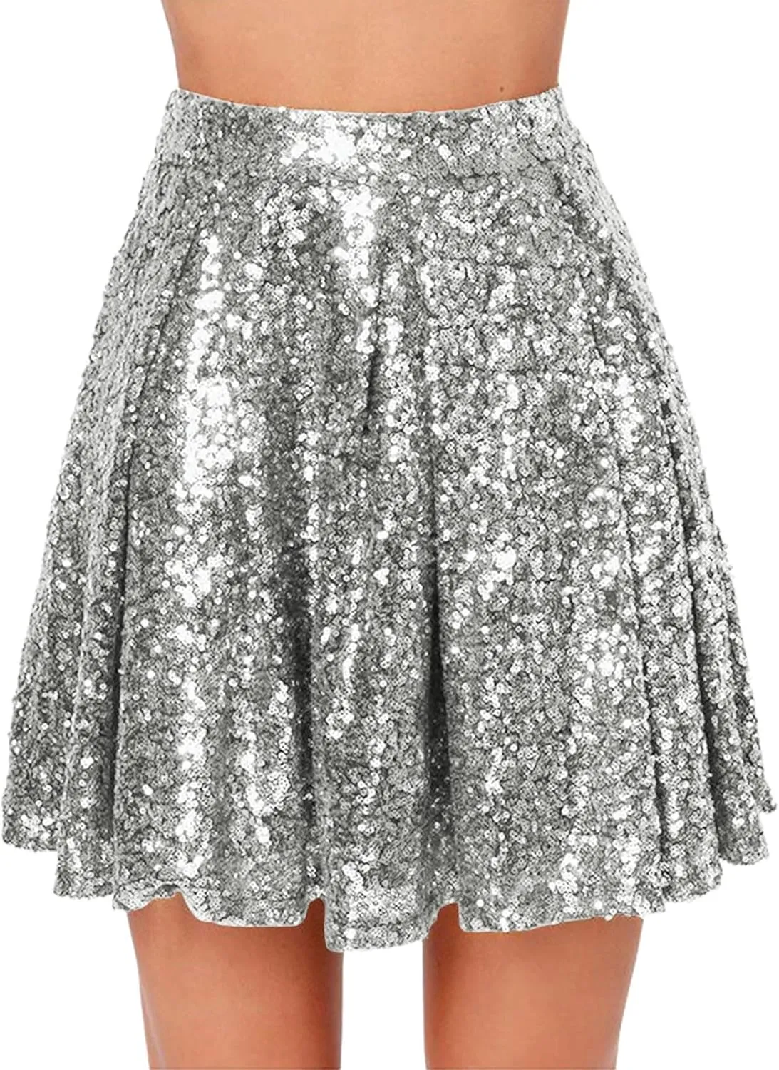 Womens Sequin Skirts Sparkly Knee Length Solid Color Flowy High Waist Sequin Bodycon Sparkly Skirt for Short Skirts
