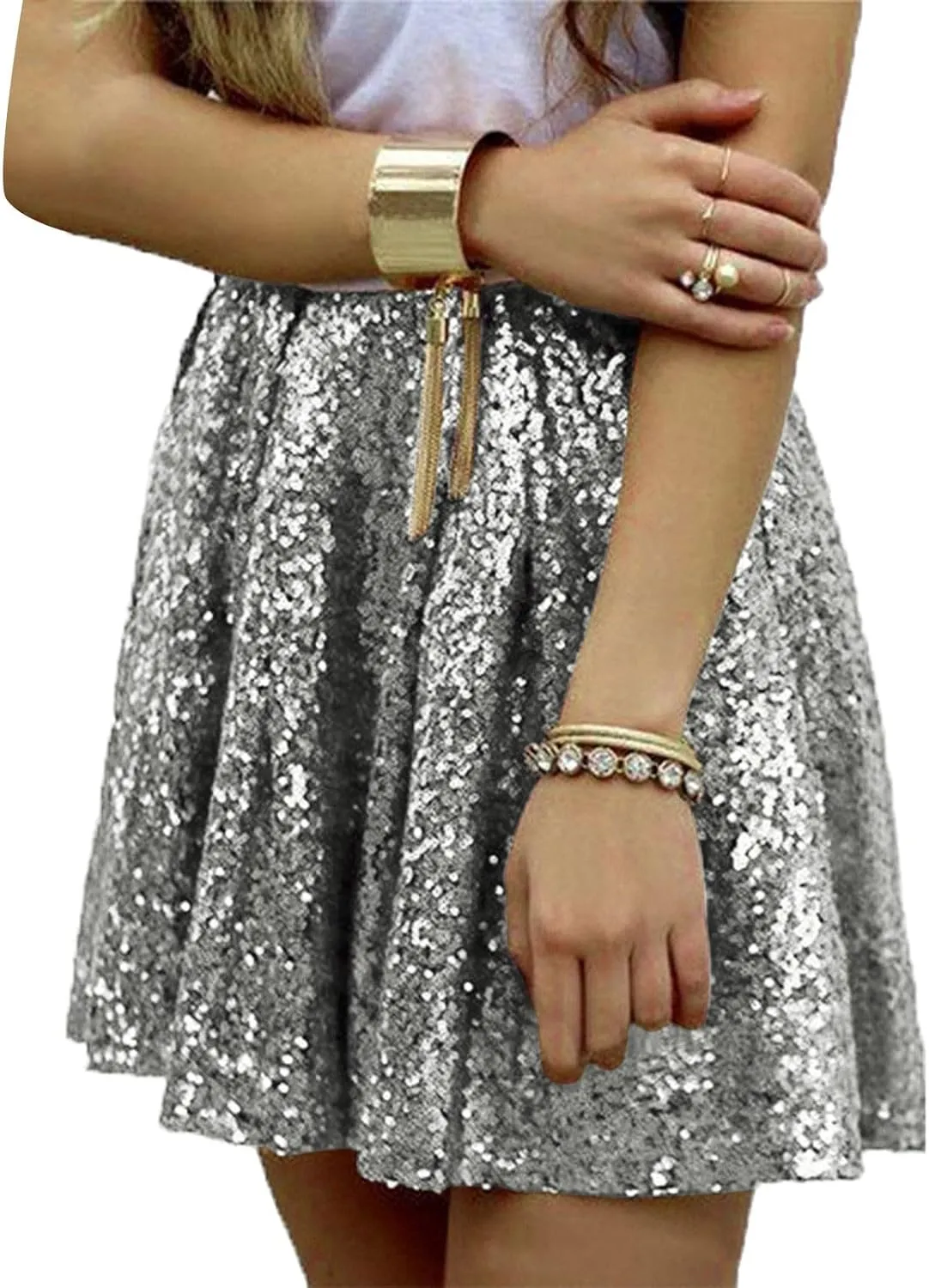 Womens Sequin Skirts Sparkly Knee Length Solid Color Flowy High Waist Sequin Bodycon Sparkly Skirt for Short Skirts