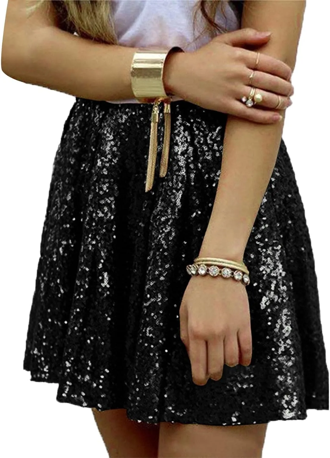Womens Sequin Skirts Sparkly Knee Length Solid Color Flowy High Waist Sequin Bodycon Sparkly Skirt for Short Skirts