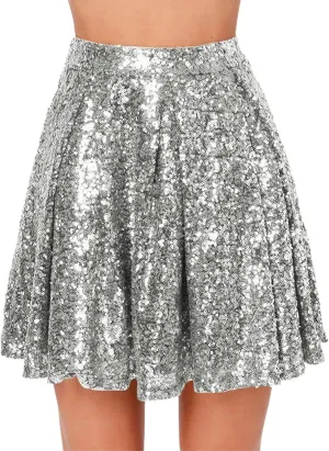 Womens Sequin Skirts Sparkly Knee Length Solid Color Flowy High Waist Sequin Bodycon Sparkly Skirt for Short Skirts